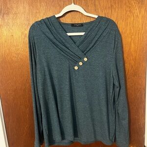 Blue Long Sleeve Wrap-like Top with button embellishment